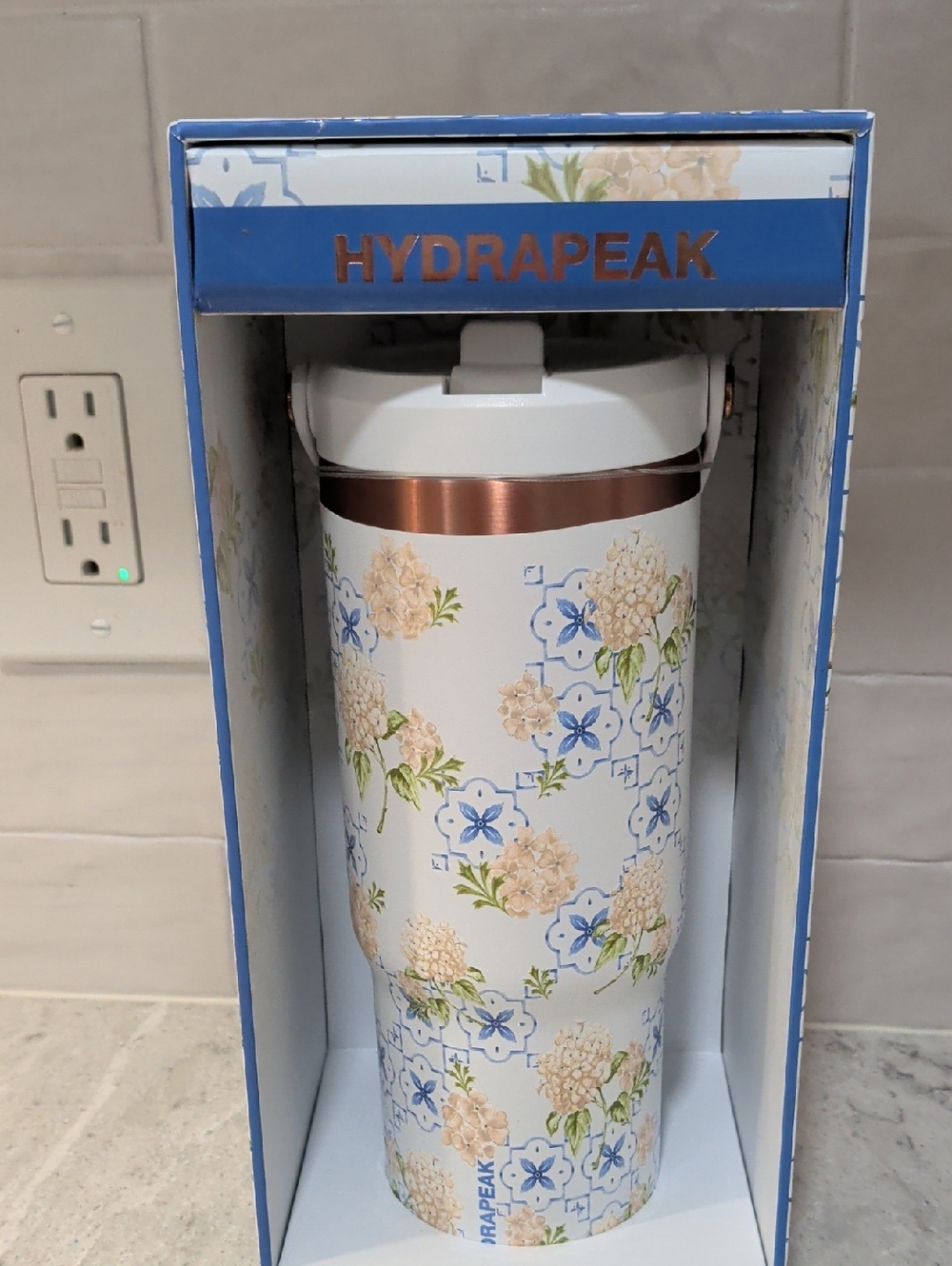 Hydrapeak Floral Insulated Travel Tumbler - White with Blue & Tan Floral